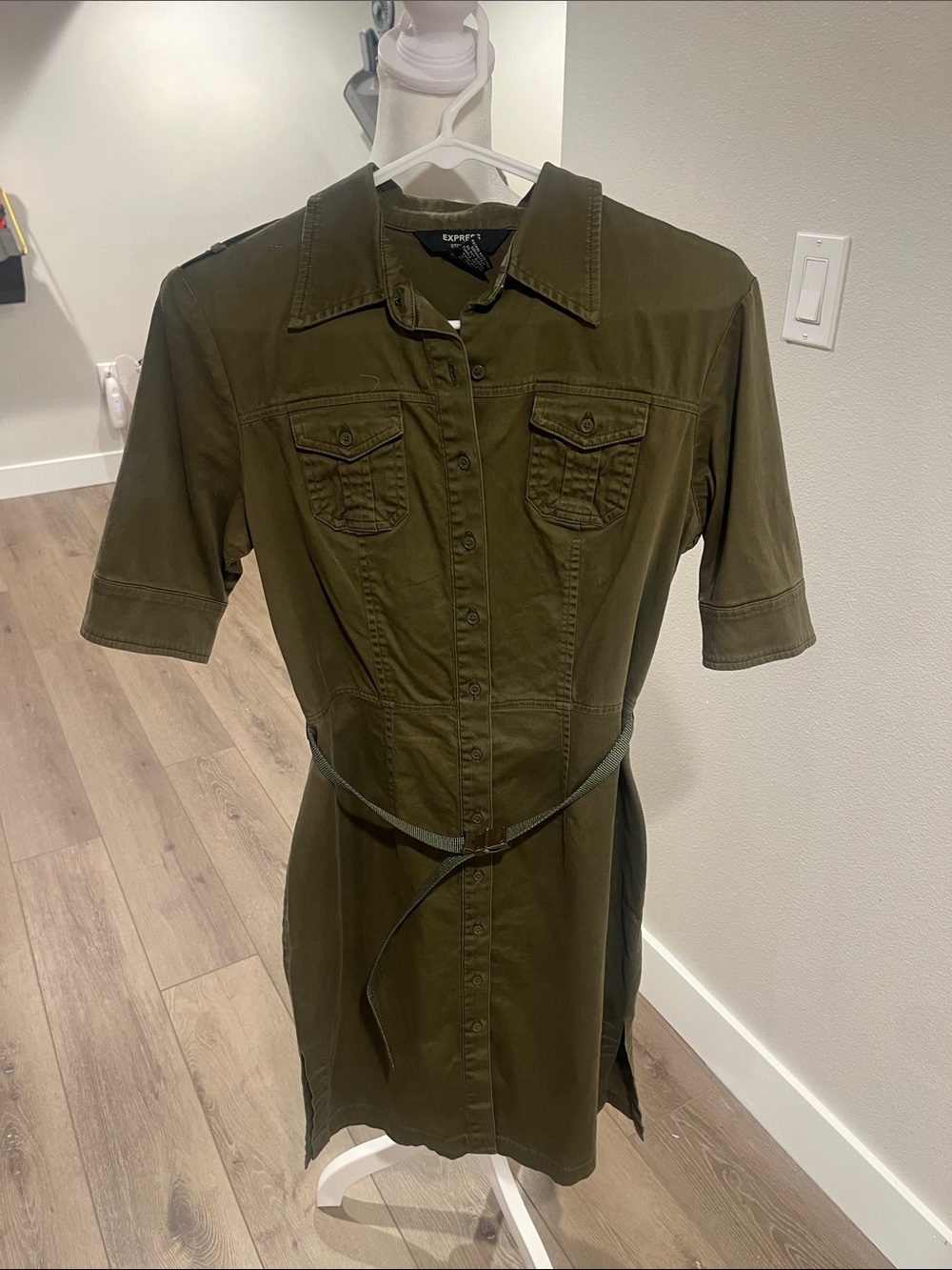 Express Olive Utility Shirt Dress with Belt